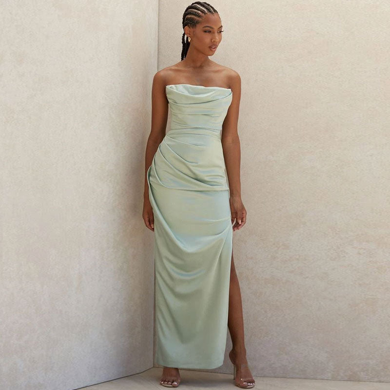 Glossy Satin Cowl Neck Strapless Slit Maxi Evening Dress - Green