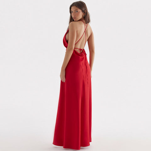 Glossy Satin High Split Sleeveless Backless Evening Maxi Dress - Red