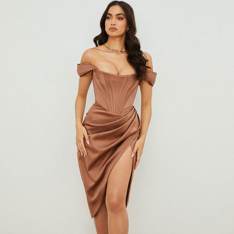 Glossy Satin Off Shoulder Draped Corset Cocktail Midi Dress - Chocolate