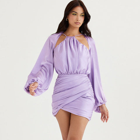 Glossy Satin Ruched Bishop Sleeve Halter Backless Mini Dress - Purple