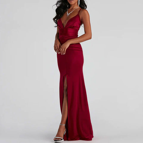 Glossy Satin Ruched Deep V High Slit Backless Maxi Dress - Red