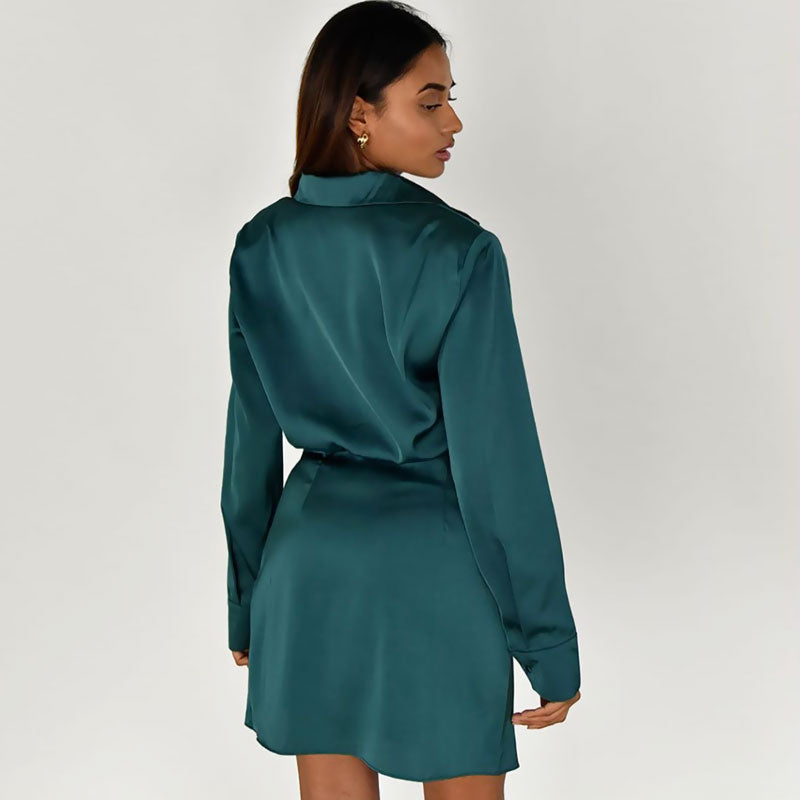 Glossy Satin Ruched Spread Collar V Neck Long Sleeve Shirt Mini Dress - Teal Green