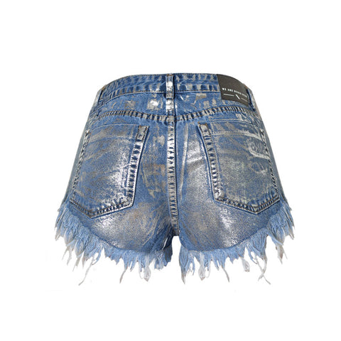 Metallic Stud Trim High Waist Distressed Denim Shorts - Blue