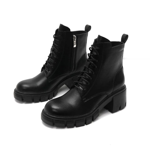 Military Round Toe Block Heel Lug Sole Lace Up Combat Boots - Black