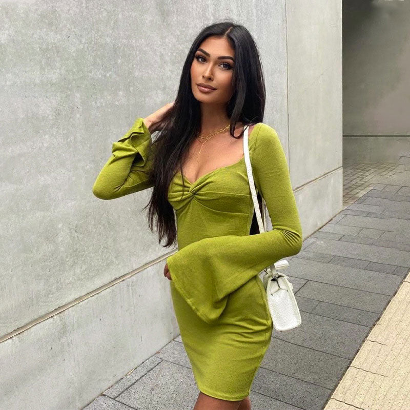 Minimalist Ruched Twist Trim Long Sleeve Bodycon Mini Dress - Green