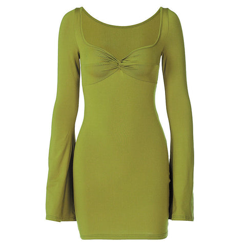 Minimalist Ruched Twist Trim Long Sleeve Bodycon Mini Dress - Green