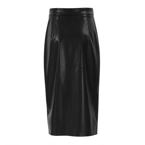 Minimalist Style High Waist Split Trim Vegan Leather Midi Skirt - Khaki