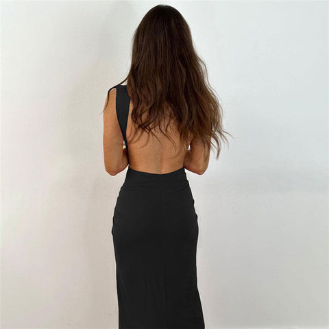 Minimalist Twist Trim Deep V Sleeveless Split Open Back Maxi Dress - Black