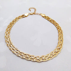 Plated Wheat Chain Braided Choker Necklace - Gold