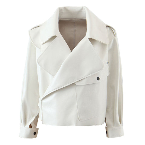 Modern Faux Leather Long Sleeve Collared Cropped Trench Coat - White