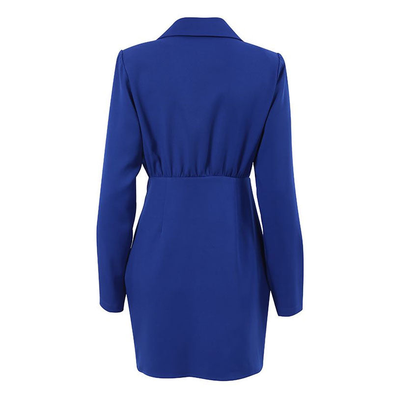 Modern Ruched Shoulder Pad Lapel Collar V Neck Blazer Mini Dress - Royal Blue