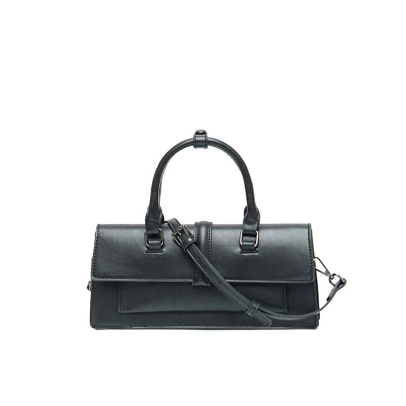 Office Style Faux Leather Top Handle Crossbody Baguette Bag - Black