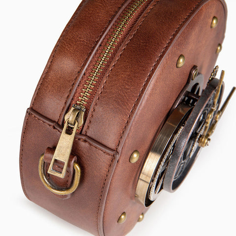 Time Fly Back Zip Top Clock Trim Round Crossbody Bag - Brown