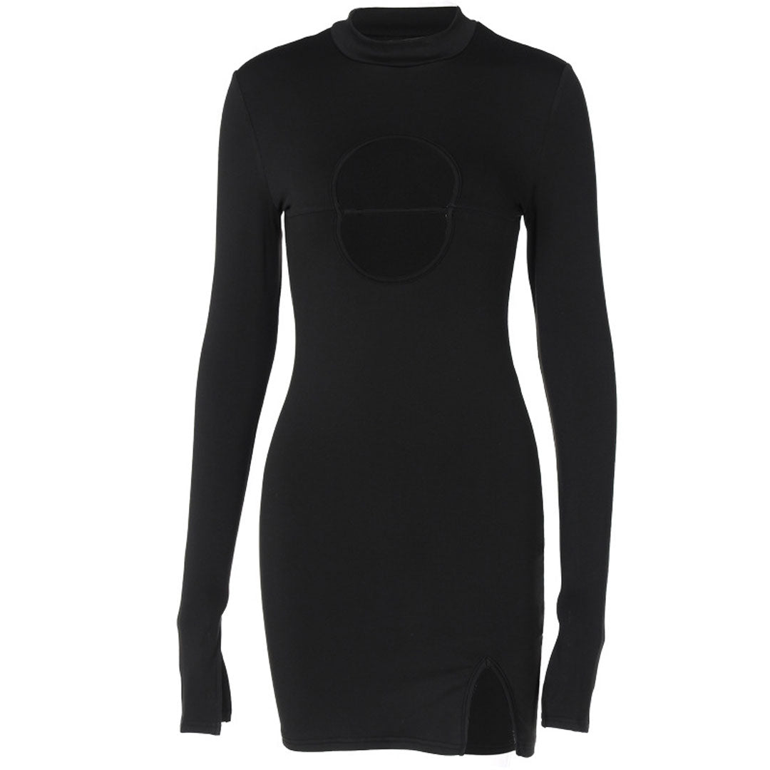 High Neck Long Sleeve Side Split Cutout Mini Dress - Black