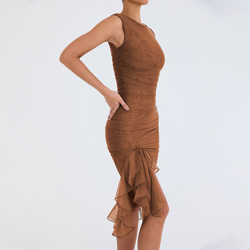 Mesh Ruched Crew Neck Sleeveless Bodycon Ruffle Cocktail Midi Dress - Brown