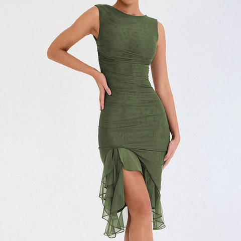 Mesh Ruched Crew Neck Sleeveless Bodycon Ruffle Cocktail Midi Dress - Army Green