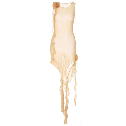 Sheer Mesh 3D Flower Ruffle Trim Sleeveless Club Dress - Apricot