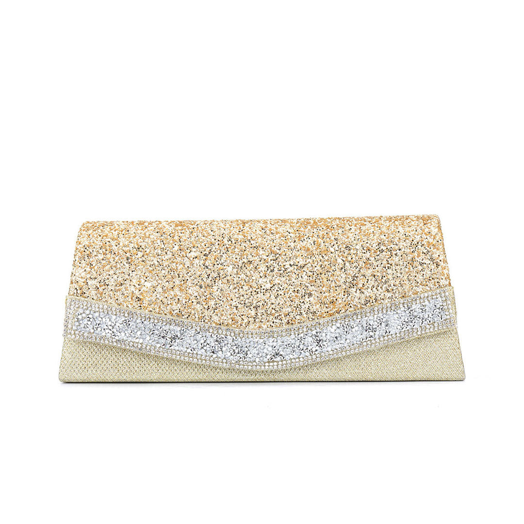 Shimmery Rhinestone Embellished Textured Flap Clutch Evening Bag - Gold