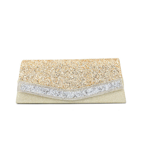 Shimmery Rhinestone Embellished Textured Flap Clutch Evening Bag - Gold