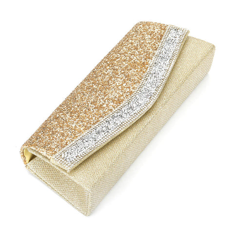 Shimmery Rhinestone Embellished Textured Flap Clutch Evening Bag - Gold