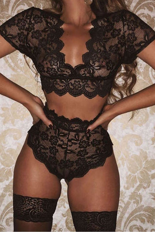 Short Sleeve High Waist Lace Bralette Set