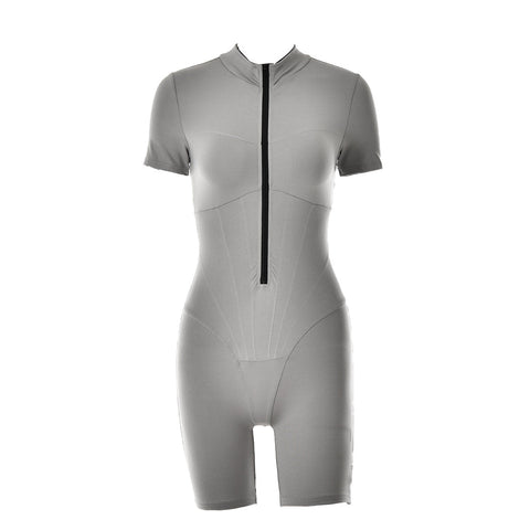 Sporty Bodycon Short Sleeve Mock Neck Zip Up Romper - Gray