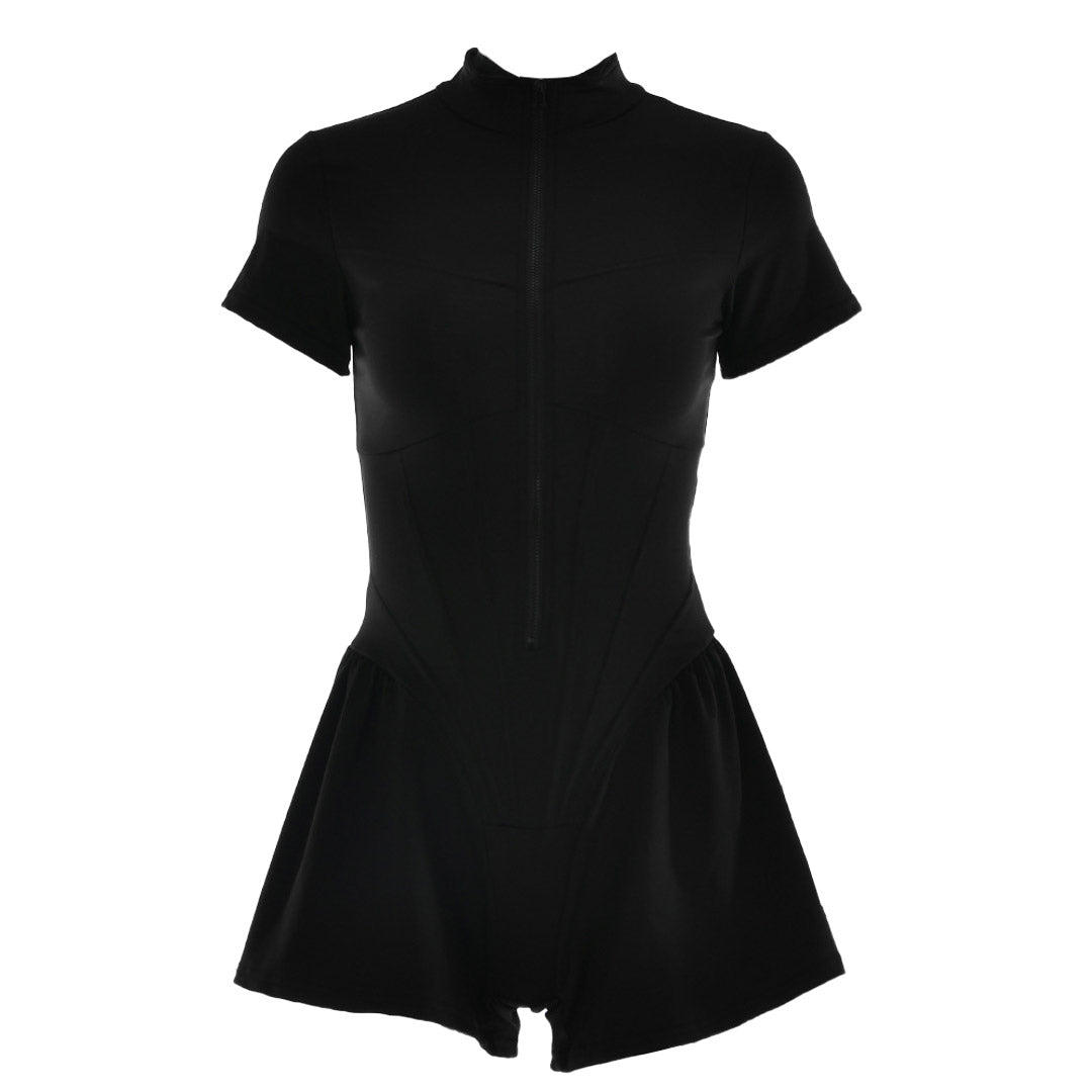 Sporty Ruffle Leg Short Sleeve Mock Neck Zip Up Romper - Black