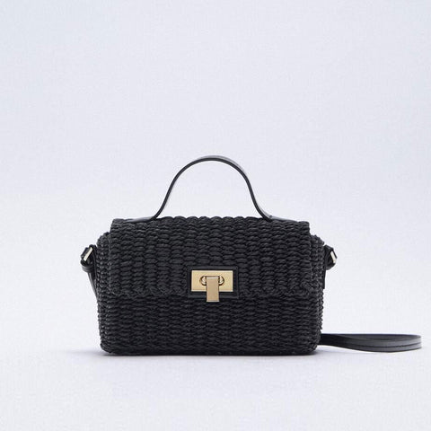 Vacation Ready Woven Faux Leather Trim Top Handle Crossbody Bag - Black