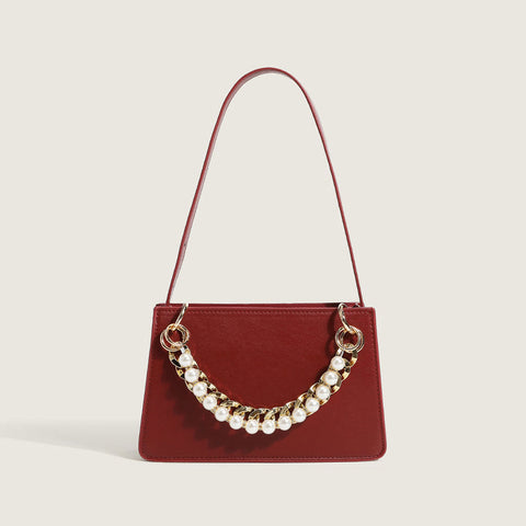 Versatile Peal Trim Chunky Chain Zip Top Leather Shoulder Bag - Red