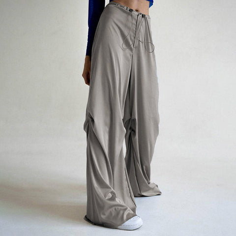 Whimsical Low Waist Drawstring Satin Wide Leg Baggy Pants - Gray